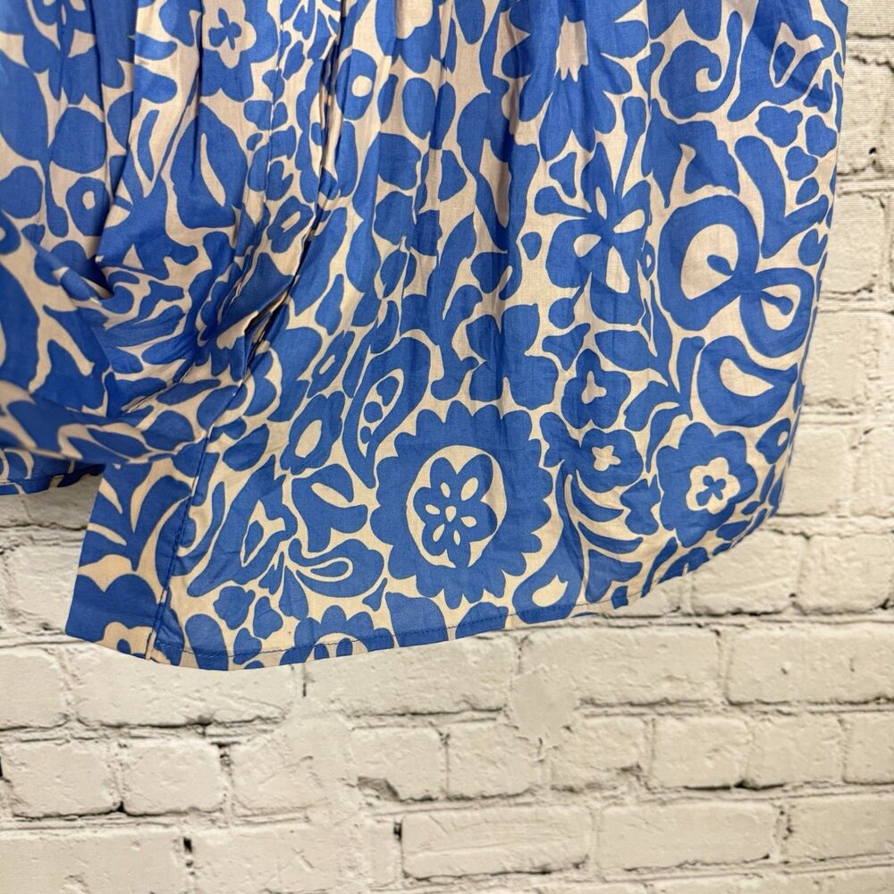 Avara Flutter Sleeve Pleated Blouse Women Size XS Blue White Cotton Button Front - Picture 5 of 12